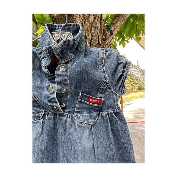 Vintage | 90s Y2K Denim GUESS Cap Sleeve Dress Collared Sz 2T - Picture 3 of 7